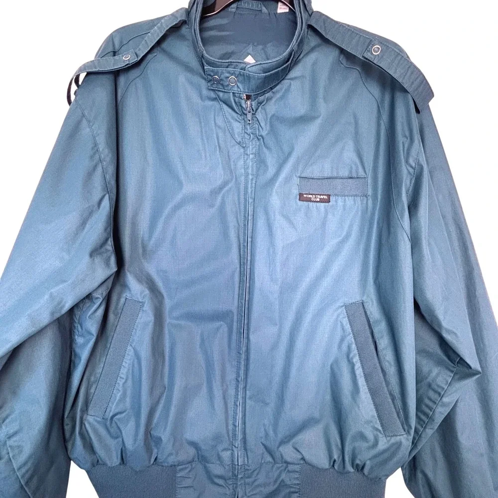 Vintage World Travel Club Jacket Windbreaker Harrington Teal Green Mens Sz L